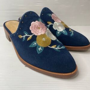 Soludos x Anthropologie Floral Embroidered Blue Mules Size 8.5